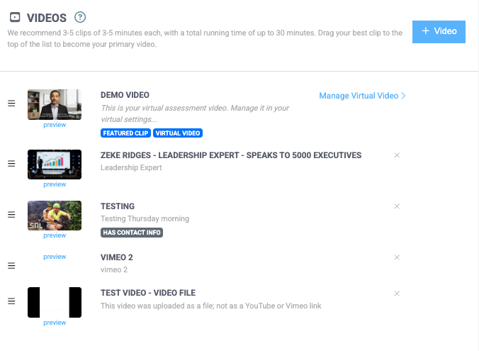 Speaker profile video list in the eSpeakers editor with drag-to-reorder clips to set the primary demo video
