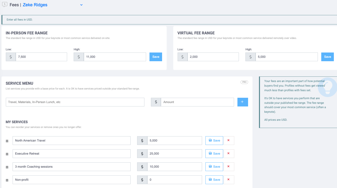 Speaker fee editor on eSpeakers showing in-person and virtual fee ranges with a service menu of add-ons below